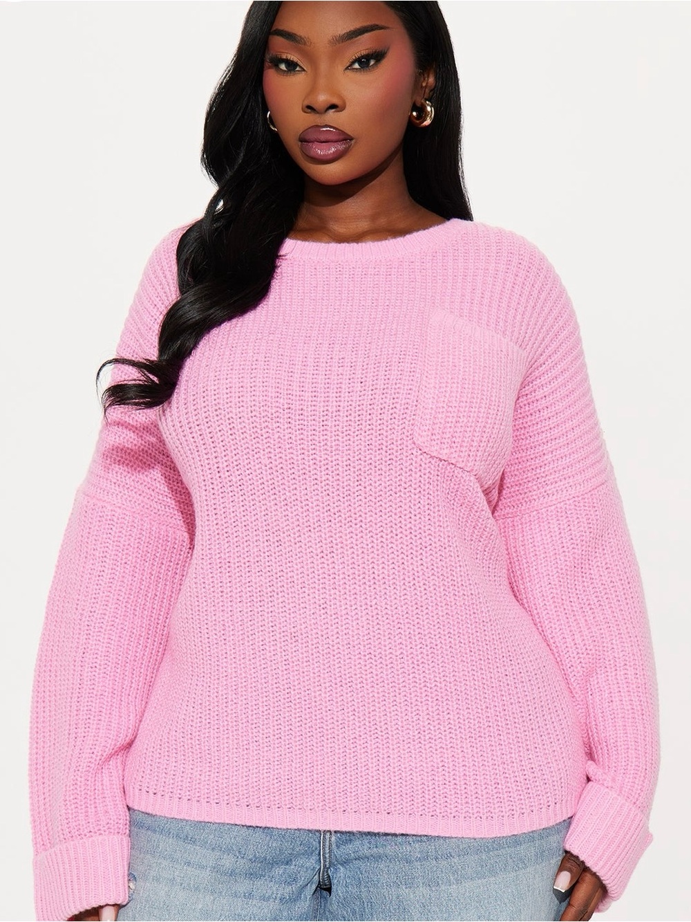 Fashion Nova Bubblegum Pink Crewneck Sweater with Patch Pocket